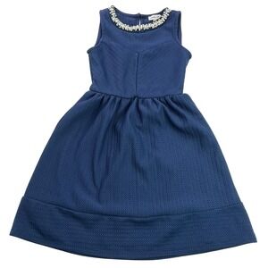 Monteau Girl Navy Blue Embellished Dress Kids Size 7 Textured Fit & Flare K5808